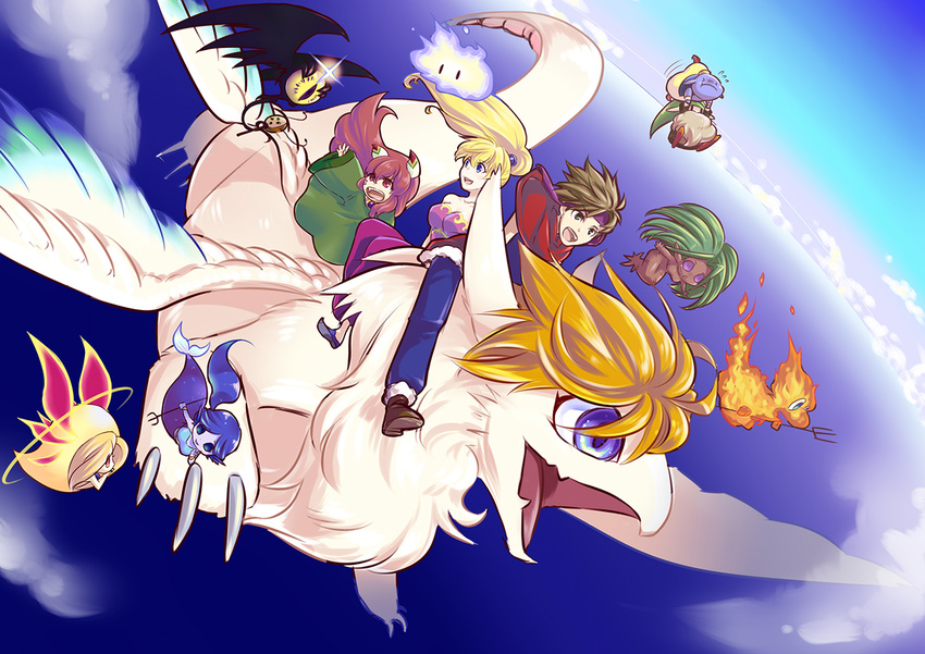 1girl 1other androgynous blonde_hair blue_sky brown_hair dragon dryad_(seiken_densetsu) dutch_angle everyone flammie flying gnome_(seiken_densetsu) headband jinn_(seiken_densetsu) long_hair luna_(seiken_densetsu) moyashi_(ruh0527) ocean open_mouth popoi primm randi red_hair salamander_(seiken_densetsu) seiken_densetsu seiken_densetsu_2 shade_(seiken_densetsu) sky spiked_hair undine_(seiken_densetsu) will-o'-wisp_(seiken_densetsu)