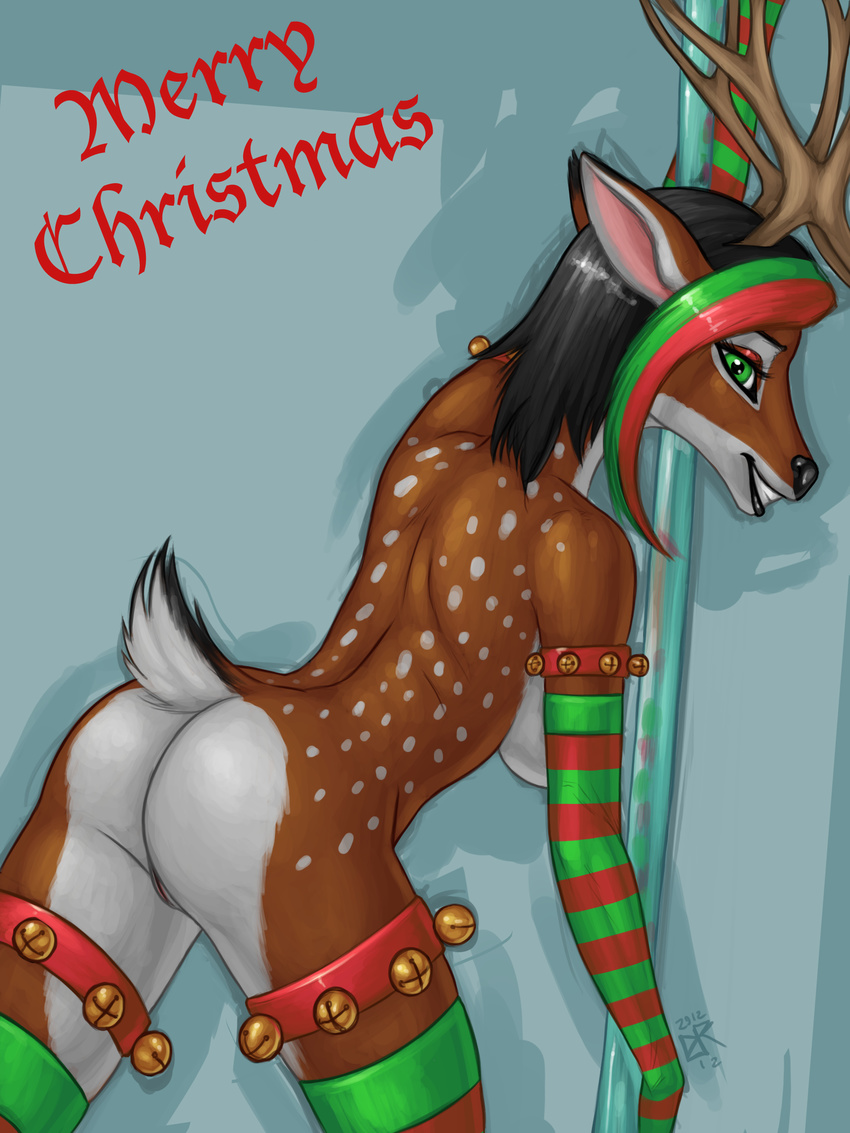 2012 anthro antlers arm_warmers bell breasts butt cervine clothing female green_eyes horn ldr leg_warmer legwear looking_at_viewer mammal merry_christmas pinup plain_background pole pose pussy reindeer short_tail side_boob smile solo spots spread_legs spreading topless