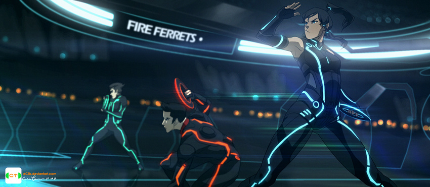 2boys avatar_(series) bodysuit bolin caleb_thomas chakram crossover elbow_gloves fingerless_gloves gloves korra mako_(avatar) multiple_boys neon_trim one_knee the_legend_of_korra tron tron:_legacy watermark weapon web_address