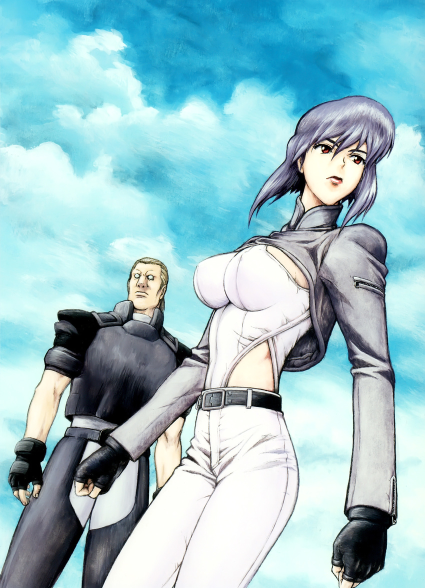 1girl absurdres bangs batou belt black_gloves breasts clenched_hands closed_mouth cloud covered_nipples cowboy_shot crop_top cropped_jacket cybernetic_eye cyborg day fingerless_gloves from_side ghost_in_the_shell ghost_in_the_shell_stand_alone_complex gloves hair_between_eyes highleg highleg_leotard highres impossible_clothes impossible_leotard jacket kusanagi_motoko large_breasts leotard lips long_sleeves looking_to_the_side open_clothes open_jacket outdoors pants ponytail purple_hair red_eyes serious shimomura_makoto short_hair sideboob silver_hair skinny sky traditional_media turtleneck zipper