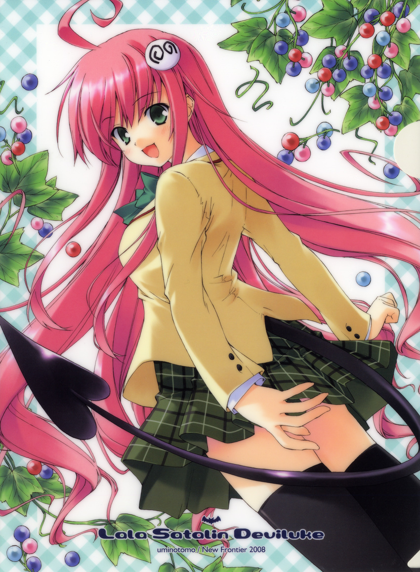 absurdres ahoge blush demon_tail green_eyes hair_ornament happy highres lala_satalin_deviluke long_hair looking_back peke pink_hair plaid plaid_skirt school_uniform skirt solo tail thighhighs to_love-ru umino_tomo zettai_ryouiki