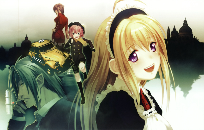 3girls :d anna_(gekkou_no_carnevale) bandaid bike_shorts blonde_hair brown_hair business_suit cabbie_hat car city fingerless_gloves formal gekkou_no_carnevale gloves ground_vehicle happy hat highres kneehighs long_hair maid maid_headdress motor_vehicle multiple_girls noel_(gekkou_no_carnevale) oosaki_shin'ya open_mouth pink_hair purple_eyes rebecca_(gekkou_no_carnevale) romeo_(gekkou_no_carnevale) scarf short_hair silver_hair smile smoking socks suit taxi