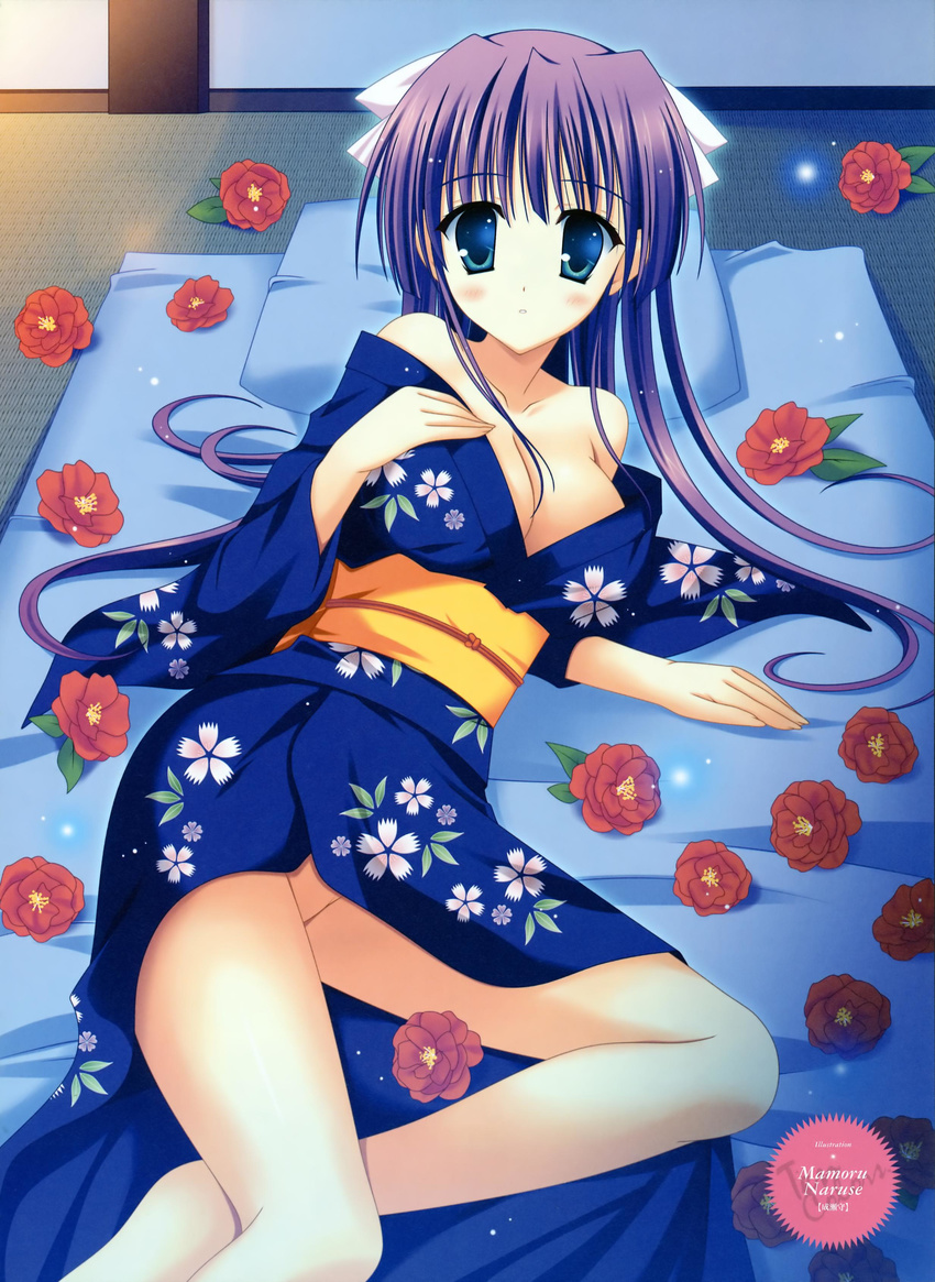 absurdres blue_eyes blush bow breasts camellia cleavage copyright_request flower hair_bow highres japanese_clothes kimono large_breasts naruse_mamoru purple_hair solo