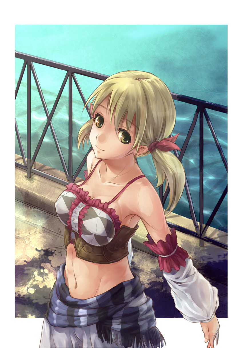 akino_komichi atelier_(series) atelier_rorona bad_id bad_pixiv_id blonde_hair breasts covered_nipples detached_sleeves highres large_breasts lionela_heinze looking_up midriff navel solo twintails water white_sleeves yellow_eyes