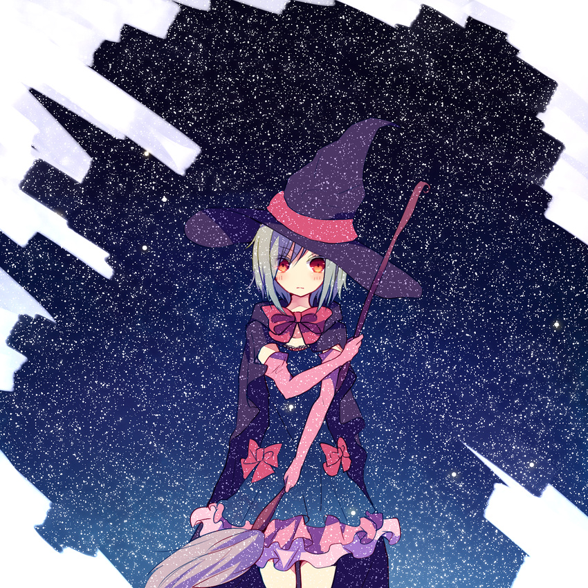 bad_id bad_pixiv_id bow broom dress green_hair hat highres kagerou_project kido_tsubomi nyowaa417 red_eyes ribbon short_hair solo witch_hat younger