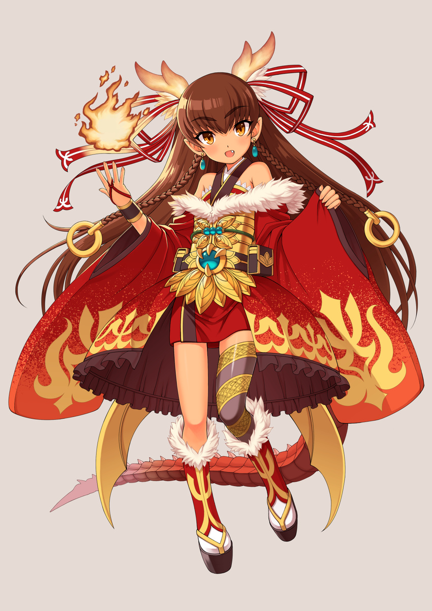 asymmetrical_legwear bare_shoulders belt_pouch black_legwear boots brown_eyes brown_hair clog_sandals dragon_girl dragon_tail earrings eyebrows fire flat_chest frilled_skirt frills full_body fur_boots fur_trim highres horns japanese_clothes jewelry kimono long_hair looking_at_viewer nokia_(harusion) original pointy_ears pouch pyrokinesis simple_background single_thighhigh skirt solo tail thighhighs very_long_hair wrist_cuffs
