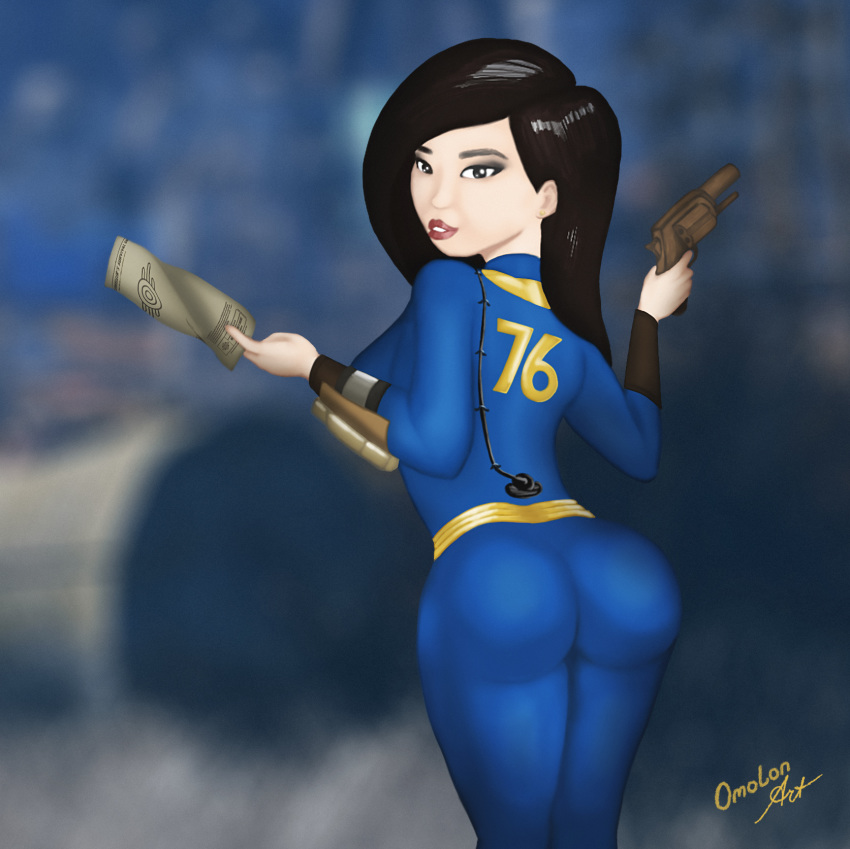 asian ass black_eyes blurry blurry_background brown_hair eyeshadow fallout fallout_76 female gun handgun hourglass_figure huge_ass lips makeup omolon-art paper pipboy pistol square vault_suit weapon