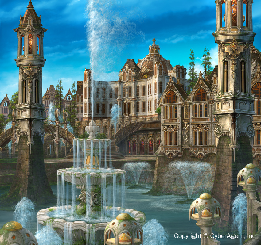 blue_sky building cloud column fountain gargoyle highres landscape moss no_humans ornate outdoors palace pillar scenery sky stained_glass stairs statue tower tree uchio_kazumasa water