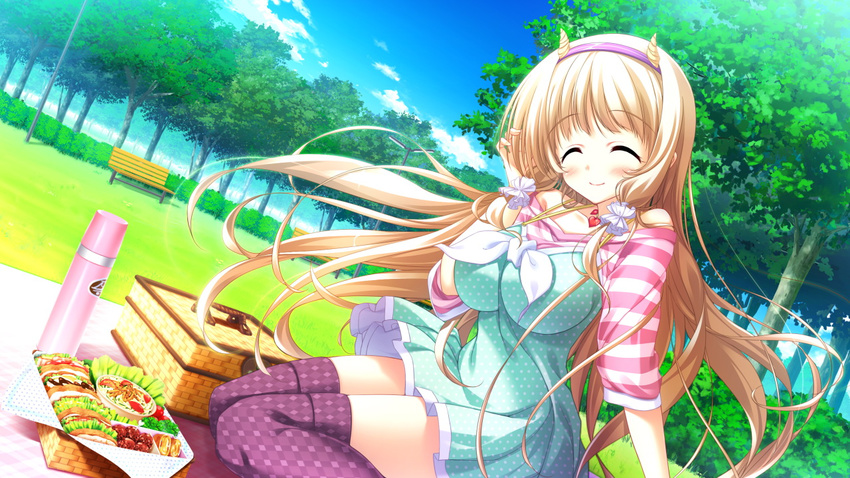 1girl bench blonde_hair eyes_closed food game_cg julia_lin_road long_hair magical_marriage_lunatics!! park picnic picnic_basket solo thermos thighhighs tree twintails yamakaze_ran