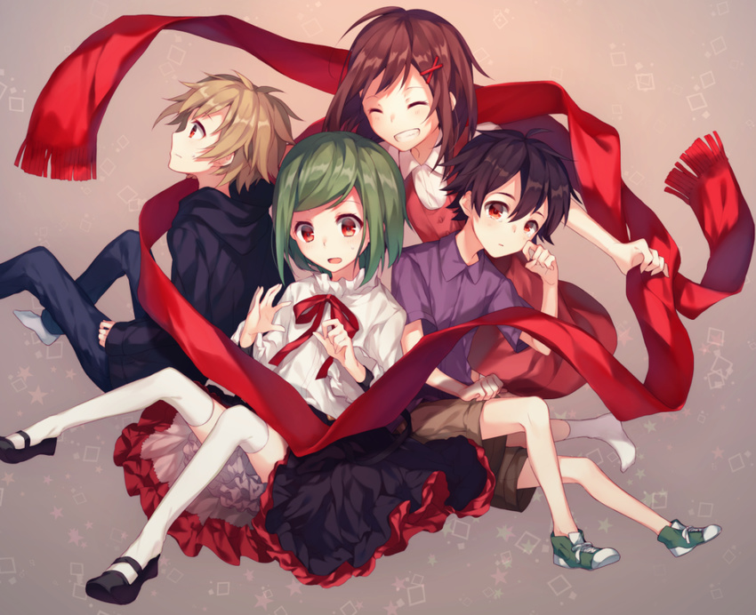 2girls ayano_no_koufuku_riron_(vocaloid) bad_id bad_pixiv_id black_hair brown_hair chocoan closed_eyes green_hair grin kagerou_project kano_shuuya kido_tsubomi long_hair mary_janes multiple_boys multiple_girls red_eyes red_scarf scarf seto_kousuke shoes short_hair smile tateyama_ayano younger