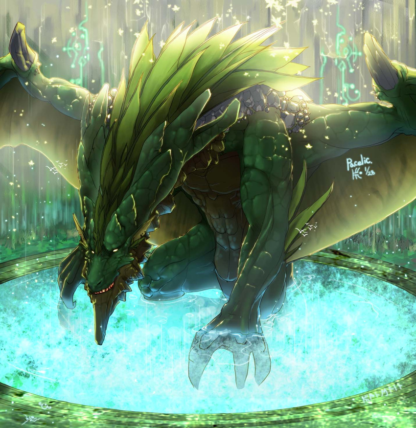abs dragon feral forest green_scales green_skin hi_res muscles pacelic pecs reptile scalie solo tree water wings