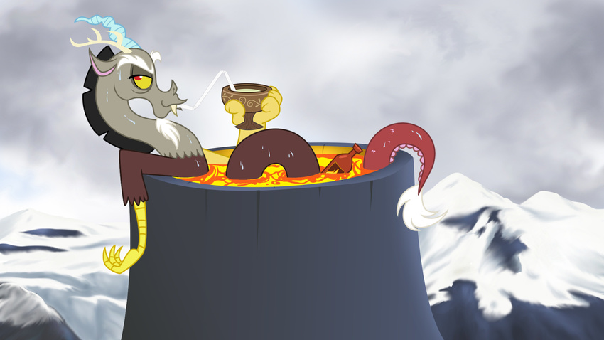 2014 antlers bath beard discord_(mlp) draconequus facial_hair friendship_is_magic horn icelion87 lava male my_little_pony plain_background solo water wings