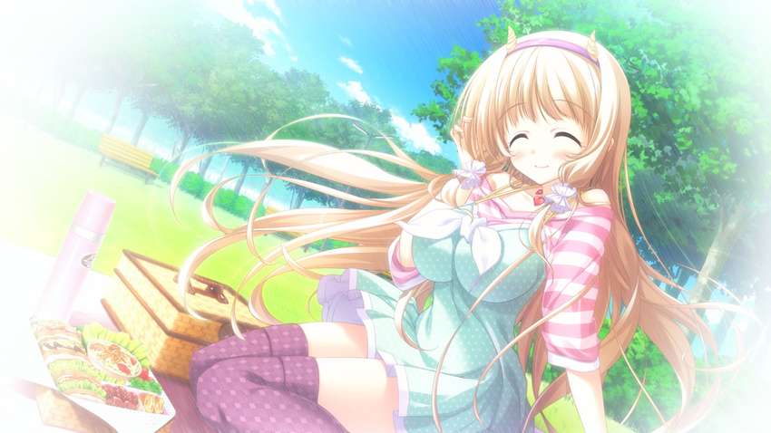 1girl bench blonde_hair eyes_closed food game_cg julia_lin_road long_hair magical_marriage_lunatics!! park picnic picnic_basket solo thermos thighhighs tree twintails yamakaze_ran