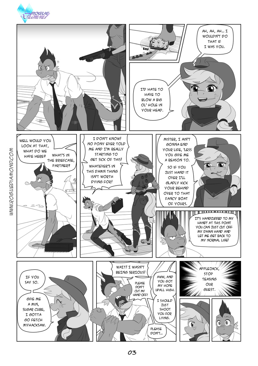 angry annoyed anthro anthrofied applejack_(mlp) boots breasts briefcase clothing comic cowboy_boots cowboy_hat crawling dialog double_barrel_shotgun dragon earth_pony equine eyes_closed female freckles friendship_is_magic gloves gun hat horse kneeling looking_back looking_down looking_up male mammal my_little_pony necktie open_mouth pia-sama pony ponytail ranged_weapon scalie scared scarf sharp_teeth shoes shotgun shouting spike_(mlp) stepping_on_tail surprise tears teeth text threatening tongue toothpick weapon yelling