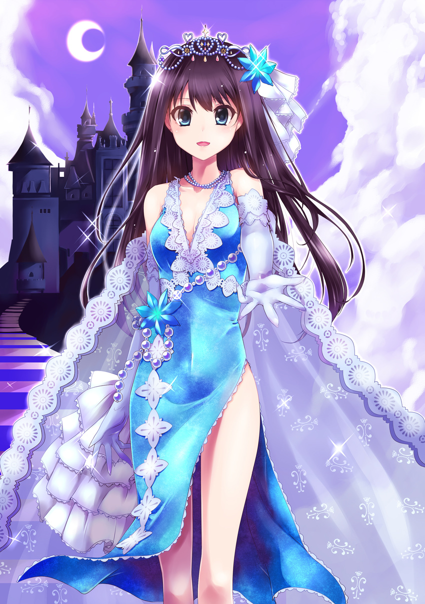 absurdres aqua_dress bad_id bad_pixiv_id bare_shoulders breasts brown_hair castle cleavage crescent_moon dress elbow_gloves gloves green_eyes highres idolmaster idolmaster_cinderella_girls jewelry long_hair medium_breasts moon necklace paopao shibuya_rin smile solo tiara
