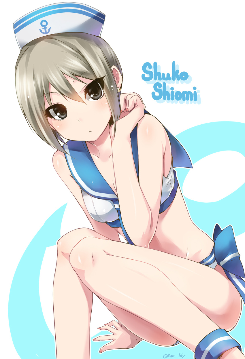 bad_id bad_pixiv_id bikini black_eyes blonde_hair hat highres idolmaster idolmaster_cinderella_girls long_legs paopao sailor_bikini sailor_collar sailor_hat sailor_swimsuit_(idolmaster) sandals shiomi_shuuko short_hair sitting solo swimsuit