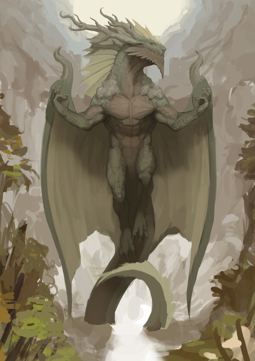abs absurd_res digitigrade dragon fin floating forest green_scales green_skin hi_res horn muscles pacelic pecs reptile scalie solo tree wings