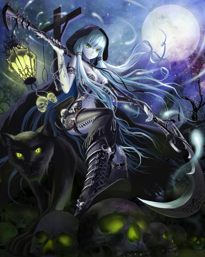 absurdres aqua_hair armband bad_id bad_pixiv_id bare_shoulders bare_tree belt between_breasts black_footwear black_nails black_panther book boots breasts carrying carrying_over_shoulder cloak cross-laced_footwear death_(entity) death_(tarot_card) elbow_gloves fingerless_gloves fringe_trim full_moon gallows gloves glowing green_eyes grim_reaper highres hitodama hood hooded_cloak key keyring lantern large_breasts long_hair looking_at_viewer moon nail_polish night night_sky noose original ost02 pale_skin panther revealing_clothes rope scythe single_glove skull sky smile solo strap_cleavage tarot tattoo thigh_strap tree twintails very_long_hair