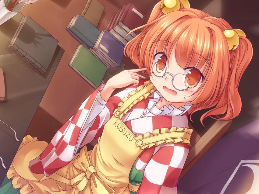 apron bell book_stack brown_eyes brown_hair chair desk glasses hair_bell hair_ornament highres japanese_clothes kimono long_sleeves looking_at_viewer lzh motoori_kosuzu open_mouth pince-nez solo sweat touhou two_side_up wide_sleeves