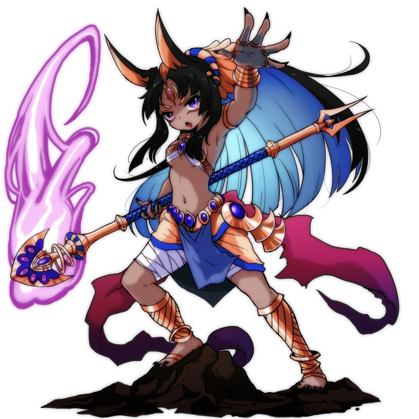 animal_ears anubis_(p&amp;d) arm_up armlet bandages bandeau bare_shoulders black_nails blue_hair bracelet breasts dark_skin dog_ears egyptian fang fingernails forehead_jewel genderswap genderswap_(mtf) highres holding jackal_ears jewelry long_hair multicolored_hair nail_polish open_mouth outstretched_arm pikomarie ponytail purple_eyes puzzle_&amp;_dragons ring rock sharp_fingernails sharp_toenails sideboob simple_background small_breasts solo staff toenails underboob very_long_hair white_background