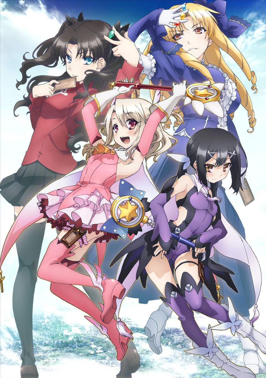 absurdres blonde_hair boots bow fate/kaleid_liner_prisma_illya fate_(series) garters hair_bow highres hiroyama_hiroshi illyasviel_von_einzbern long_hair luviagelita_edelfelt magical_girl miyu_edelfelt multiple_girls official_art pink_footwear prisma_illya ringlets scan thigh_boots thighhighs toosaka_rin two_side_up