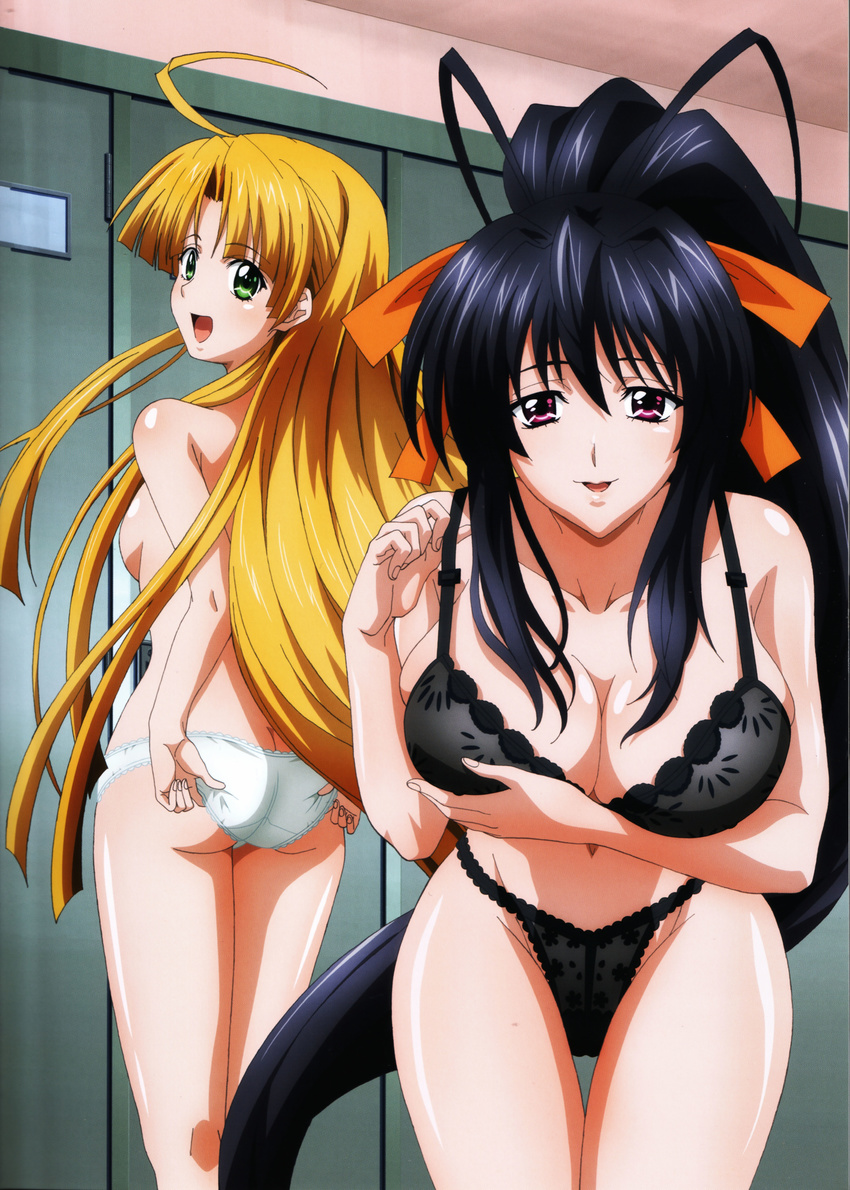 2girls :3 :d absurdres ahoge antenna_hair asia_argento ass bangs black_bra black_hair black_panties blonde_hair blunt_bangs blush body_blush bra breast_hold breast_lift breasts butt_crack cleavage from_behind green_eyes hair_over_breasts hair_ribbon high_ponytail high_school_dxd highres himejima_akeno indoors kneepits lace lace-trimmed_bra lace-trimmed_panties large_breasts leaning_forward legs lingerie locker locker_room long_hair looking_at_viewer looking_back medium_breasts megami multiple_girls naughty_face navel official_art open_mouth panties parted_bangs payot ponytail purple_eyes ribbon scan sideboob sidelocks smile standing thigh_gap thighs underwear underwear_only undressing very_long_hair white_panties yoda_masahiko