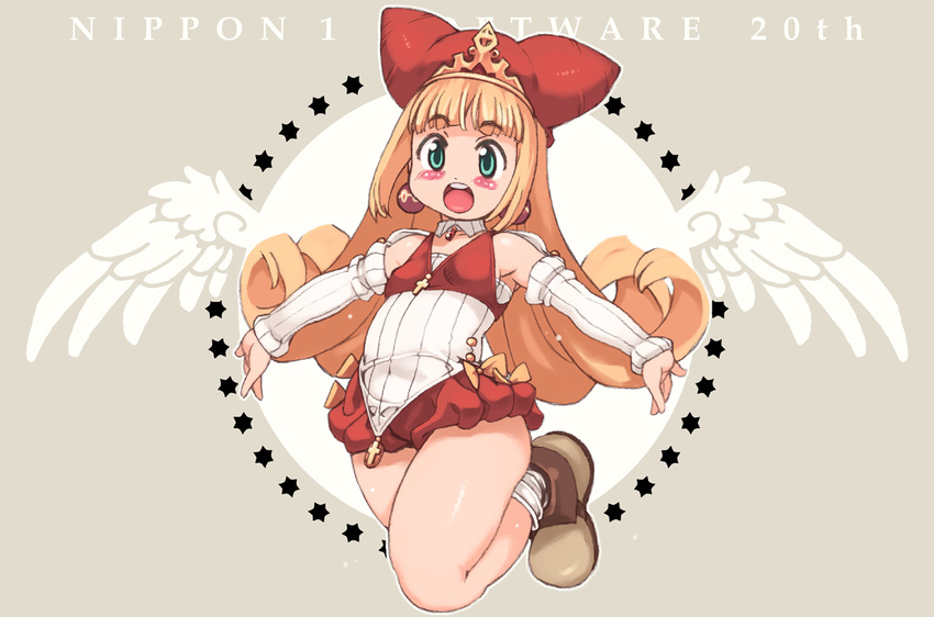 :o anniversary arm_warmers bare_legs blonde_hair blush detached_collar flipped_hair full_body green_eyes hat jumping kururu_(little_princess) little_princess long_hair marl_kingdom nippon_ichi official_style open_mouth outstretched_arms shoes shorts smile solo spread_arms wings yu_3