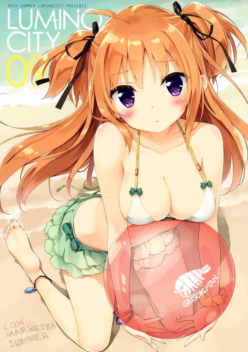 absurdres ahoge anklet ball barefoot beach beachball bikini bikini_skirt blush bracelet breast_rest breasts carried_breast_rest cleavage hair_ribbon highres isopod jewelry large_breasts long_hair looking_at_viewer orange_hair original peko purple_eyes ribbon sand_writing scan scrunchie shiny shiny_skin solo strap_gap swimsuit tachibana_karen two_side_up