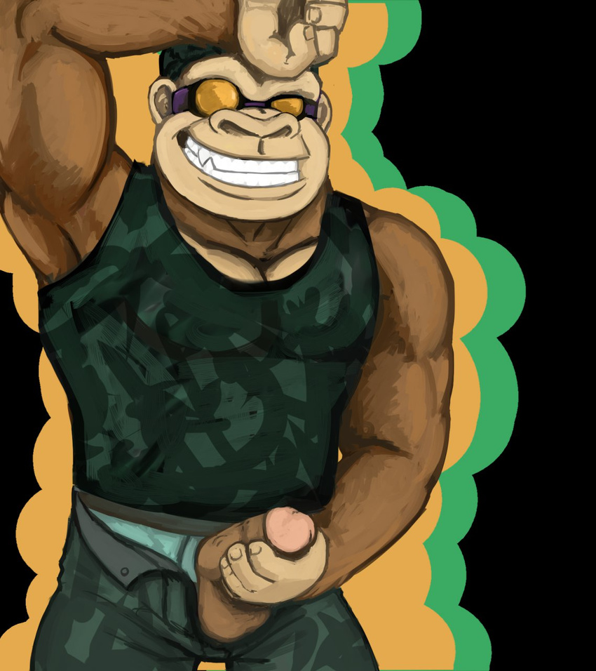 armpits balls biceps briefs camo circumcised clothing donkey_kong eyewear funky_kong goggles gorilla male mammal muscles penis primate smile solo spectral-bat underwear