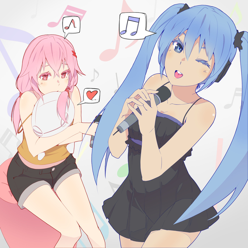 aqua_eyes aqua_hair bare_shoulders beamed_eighth_notes beamed_sixteenth_notes blush breasts cleavage eighth_note fyu-neru guilty_crown hair_ornament hairclip hatsune_miku headset heart highres long_hair looking_at_viewer medium_breasts microphone multiple_girls musical_note off_shoulder open_mouth pink_hair quarter_note red_eyes smile spoken_heart spoken_musical_note super_bakemono twintails very_long_hair vocaloid yuzuriha_inori