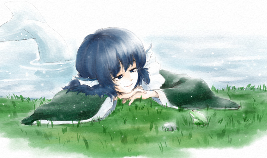 blue_eyes blue_hair frog grass head_fins kihou_kanshouzai mermaid monster_girl partially_submerged short_hair smile solo touhou wakasagihime water wide_sleeves