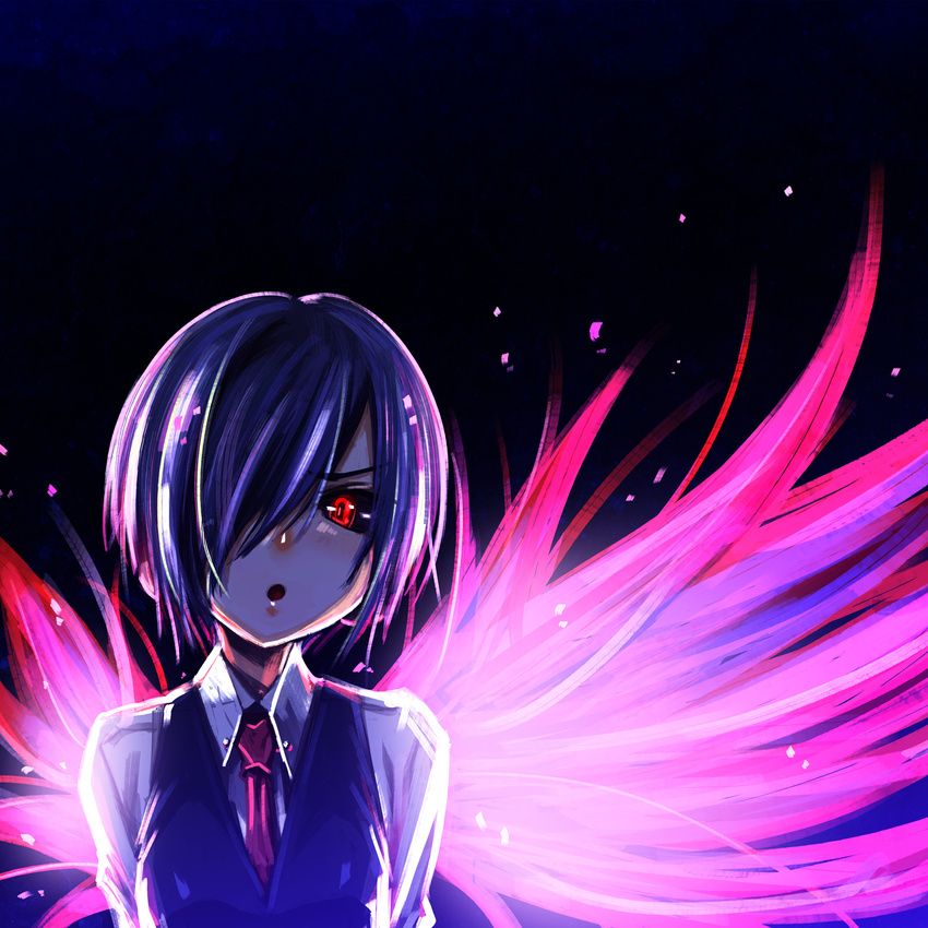 black_hair black_sclera hair_over_one_eye highres kagune_(tokyo_ghoul) kirishima_touka looking_at_viewer purple_hair red_eyes sakuya_tsuitachi school_uniform short_hair solo tokyo_ghoul wings