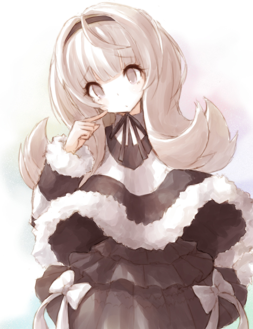 bad_id bad_pixiv_id black_dress bow buran_(kure) capelet cowboy_shot dress expressionless fur_trim hair_intakes hairband head_tilt highres layered_dress light_brown_eyes light_brown_hair long_hair looking_at_viewer original pointing pointing_at_self solo standing