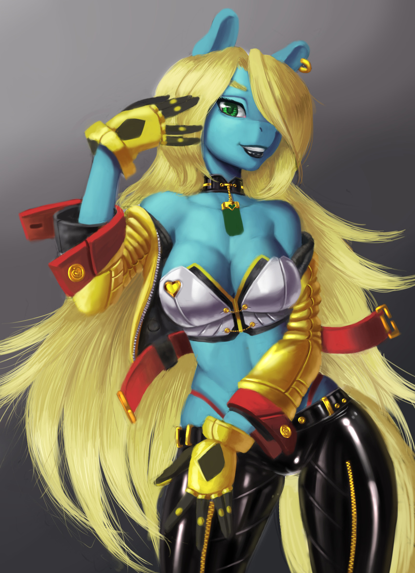 2014 anthro blonde_hair blue_body cleavage clothed clothing dclzexon ear_piercing equine female green_eyes hair hair_over_eyes horse long_hair looking_at_viewer mammal piercing solo