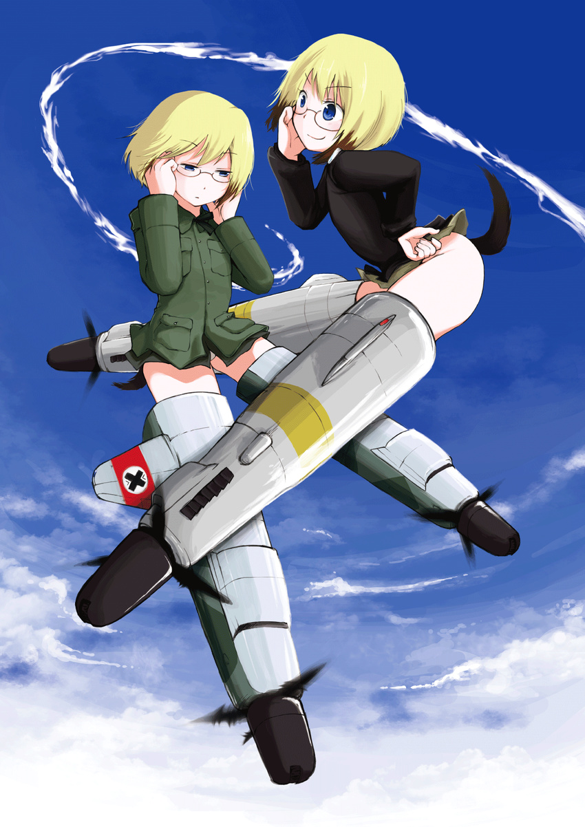 animal_ears bespectacled blonde_hair blue_eyes day dog_ears dog_tail erica_hartmann flying glasses highres military military_uniform multiple_girls nishi_yuichi no_panties panties short_hair siblings sisters sky smile strike_witches striker_unit tail twins underwear uniform ursula_hartmann world_witches_series