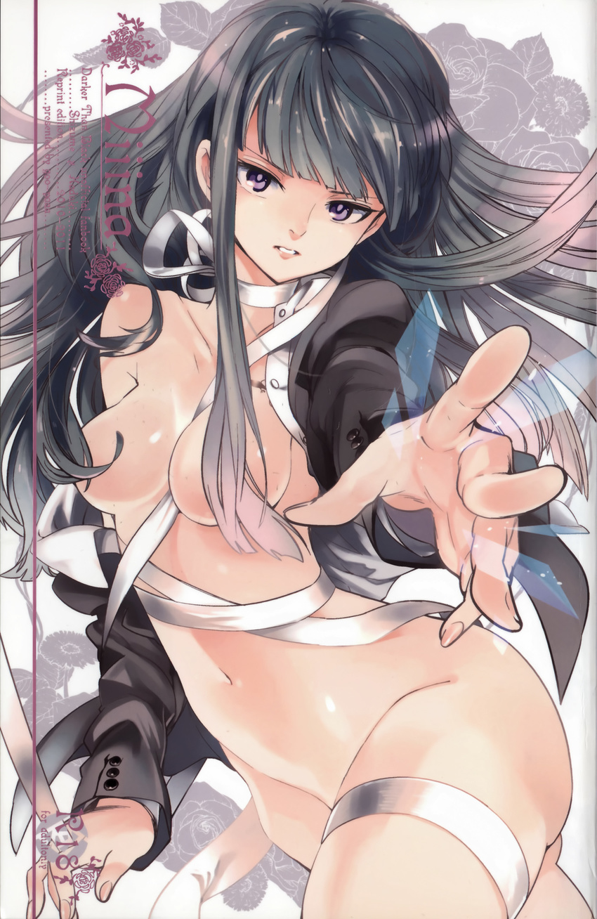absurdres bandages black_hair blazer breasts darker_than_black foreshortening hair_censor hair_over_breasts hands hazuki_mina_(darker_than_black) highres jacket long_hair looking_at_viewer navel nude ocha_(oteaaa) off_shoulder outstretched_arm purple_eyes small_breasts solo tsurime
