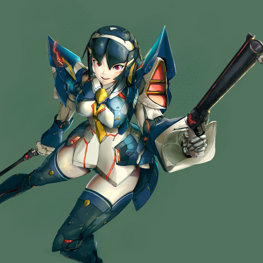 android breasts dual_wielding foreshortening green_background gun handgun highres holding ionia_series katana large_breasts lisa_(pso2) long_hair looking_at_viewer md5_mismatch parted_lips pekoneko phantasy_star phantasy_star_online_2 red_eyes revolver short_hair smile solo sword thighhighs thighs weapon