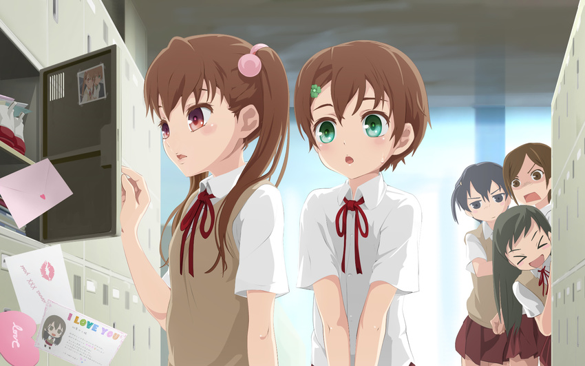 &gt;_&lt; 4girls :d :o androgynous black_hair blush brother_and_sister brown_hair closed_eyes commentary crossdressing dress_shirt green_eyes highres letter long_hair love_letter multiple_girls open_mouth original otoko_no_ko peeking_out photo_(object) rectangular_mouth red_eyes school_uniform shaded_face shirt shoe_locker shoes short_hair siblings skirt smile sweater_vest translation_request twintails uniform uwabaki yuki18r