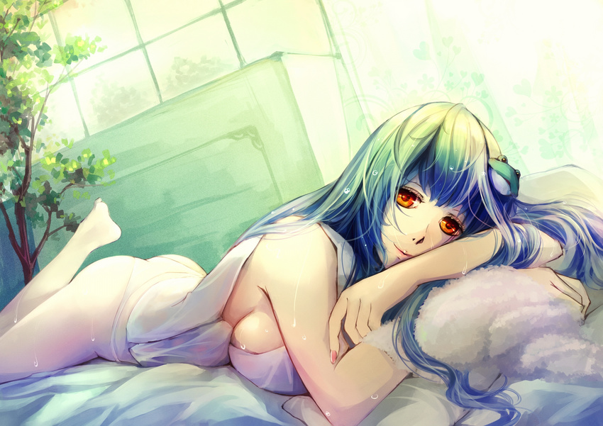 bed_sheet blush breasts frog green_hair hair_ornament highres kalalasan kochiya_sanae large_breasts legs_up lips long_hair looking_at_viewer lying nail_polish on_stomach orange_eyes panties sideboob smile solo touhou towel tree underwear white_panties