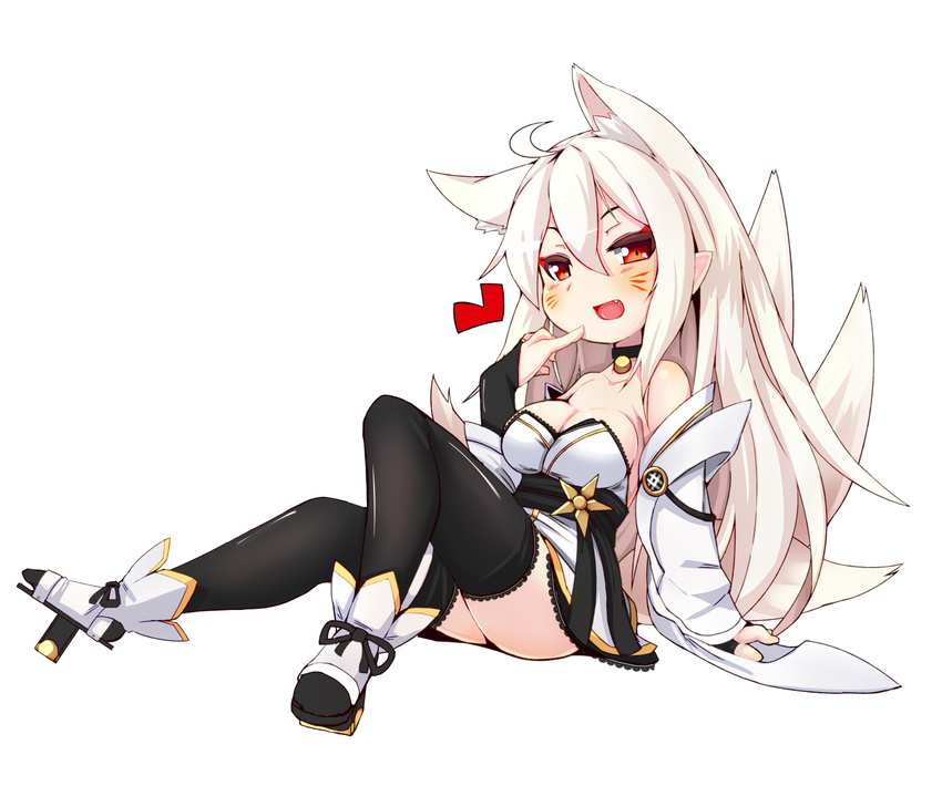 animal_ears blush breasts cleavage detached_sleeves facial_mark fang finger_to_mouth fox_ears fox_tail heart highres large_breasts long_hair looking_at_viewer multiple_tails open_mouth phantasy_star phantasy_star_online_2 red_eyes silver_hair solo tail teranekosu