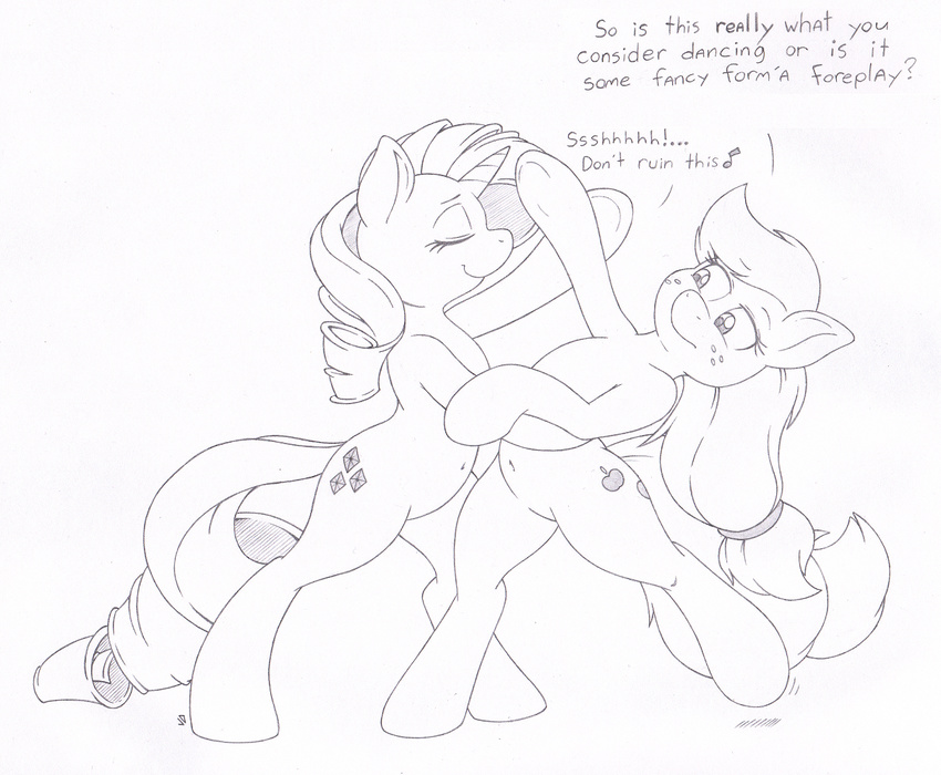 2014 applejack_(mlp) black_and_white cutie_mark dancing dialog duo english_text equine female freckles friendship_is_magic horn horse joey-darkmeat mammal monochrome my_little_pony plain_background pony rarity_(mlp) text unicorn white_background