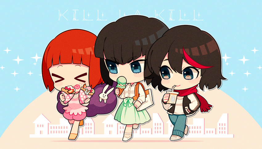 &gt;_&lt; bag black_hair blue_eyes blue_skirt brown_hair bunny casual chibi closed_eyes copyright_name crepe denim dessert drink food handbag highres ice_cream jacket jeans kill_la_kill kiryuuin_satsuki letterman_jacket mankanshoku_mako matoi_ryuuko multiple_girls nns146 pants scarf shirt short_hair shorts skirt smile spoilers