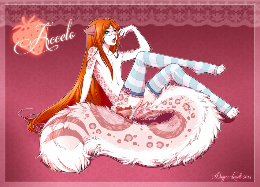 2014 accelo_(character) anthro blue_eyes bow crossed_legs dagger_leonelli eating eyewear feline fluffy_tail fur girly glass glasses hair legwear leopard looking_at_viewer male mammal open_mouth pink_fur red_hair sitting snow_leopard solo spots stockings strawberry striped_clothing striped_stockings white_fur