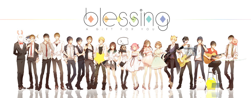 6+boys absurdres animal_head artist_self-insert blonde_hair blush dress english formal full_body highres hiiragi_yuka_(niconico) instrument long_hair looking_at_viewer multiple_boys multiple_girls necktie niconico nitmegane nqrse open_mouth reflection rella sheep shoose simple_background smile standing suit thighhighs title white_background white_dress