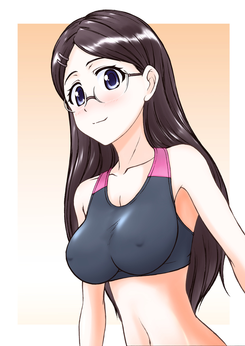 black_hair blue_eyes blush breasts covered_nipples glasses hair_ornament hairclip highres long_hair looking_at_viewer medium_breasts mochizuki_kazuto navel saitou_kaede_(yama_no_susume) smile solo sports_bra yama_no_susume