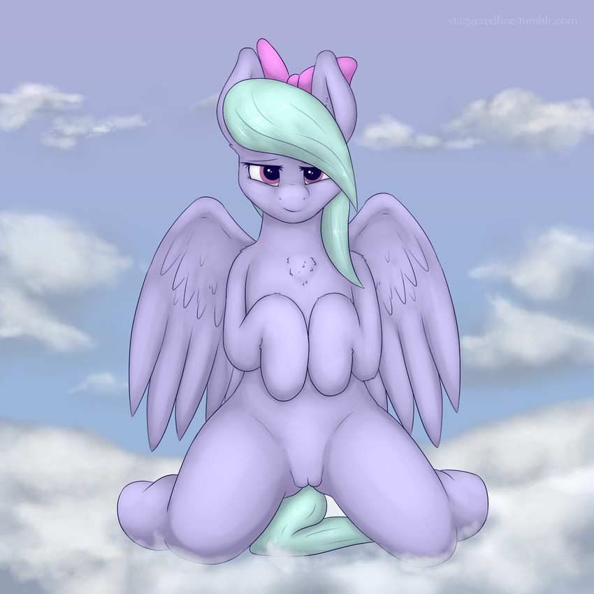 bedroom_eyes blue_hair bow clitoris cloud equine feathers female flitter_(mlp) friendship_is_magic fur hair hooves horse kneeling long_hair looking_at_viewer mammal my_little_pony outside pegasus pink_eyes pony presenting purple_fur pussy smile solo staggeredline wings