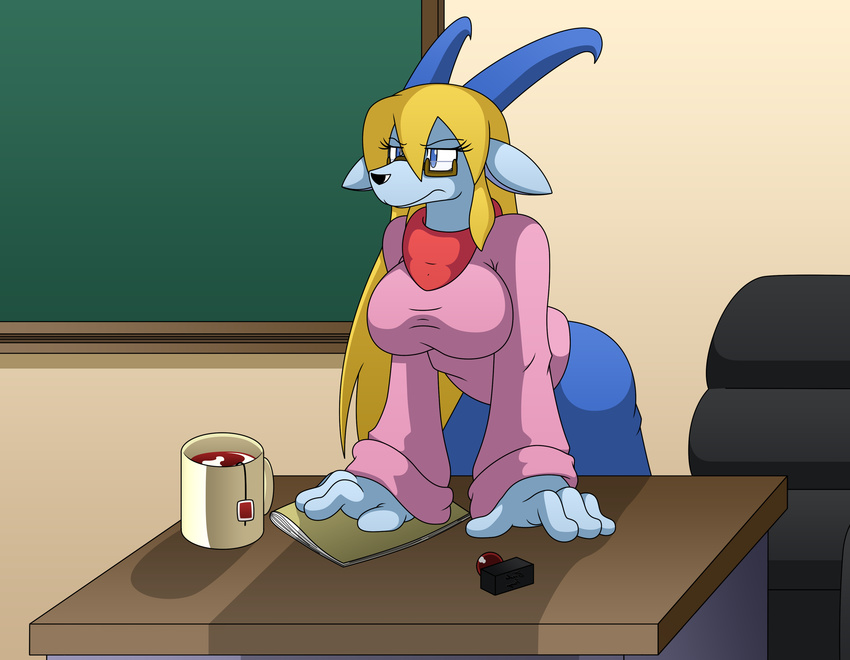 2014 4_fingers angry anthro big_breasts black_nose blouse blue_eyes board book breasts caprine chair clothed clothing cup ears_down eyewear female glasses goat hair horn long_hair mammal mizuki_nanaya pants rockmanzxadvent scarf school table tea teacher