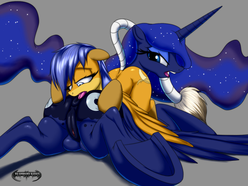 anal anus blue_eyes blue_fur blue_hair brown_fur butt butt_squish cutie_mark da_goddamn_batguy duo equine female feral friendship_is_magic fur grey_background hair half-closed_eyes horn lesbian lying mammal my_little_pony on_front open_mouth oral original_character pegasus plain_background princess_luna_(mlp) pussy rimming shaded shadow sparkles tail_tuft teats tongue tongue_out tuft underhoof winged_unicorn wings wrapped_tail