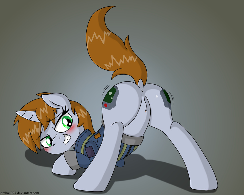 2014 anus bedroom_eyes blush brown_hair butt drako1997 equine fallout_equestria friendship_is_magic fur green_eyes grey_fur hair hi_res horn horse littlepip_(mlp) mammal my_little_pony nude pony presenting pussy raised_tail shaking_butt smile unicorn