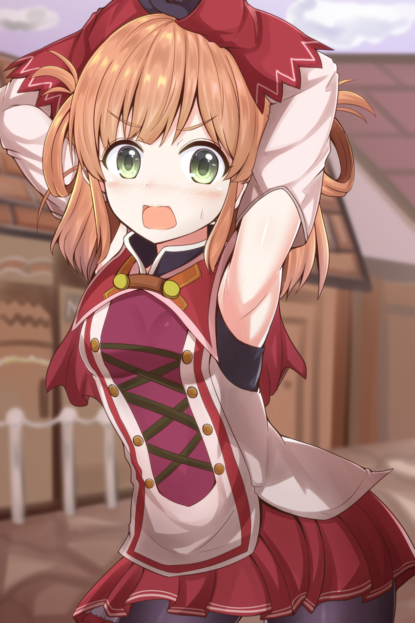 1girl armpits arms_up black_legwear blurry blurry_background blush breasts brown_hair commentary_request detached_sleeves gloves green_eyes hair_rings highres inosaki_rino looking_at_viewer masa_masa medium_breasts open_mouth pantyhose princess_connect! princess_connect!_re:dive sleeveless solo